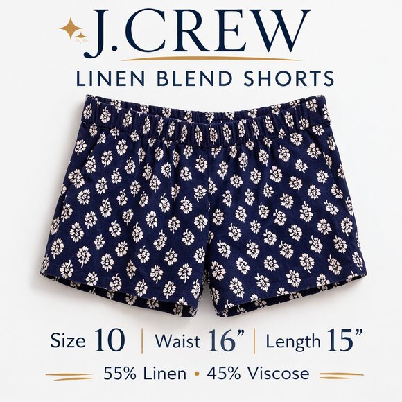 J. Crew Pants - J.Crew Women’s Linen Blend Shorts Size 10 Navy White Floral Elastic Waist Summer